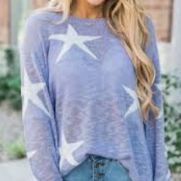 Davi & Dani Periwinkle Sheer Distressed Hem Star Sweater SZ S - Picture 3 of 13